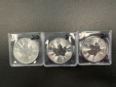 3- 2020 Silver Canadian Maples 1 oz silver coins