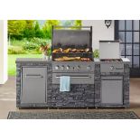 Deluxe Stacked Stone 4 Burner Propane Gas Grill Island with griddle, and Fireplace console