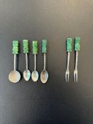 6 Sterling Silver and Jade Aztec Spoons & Forks