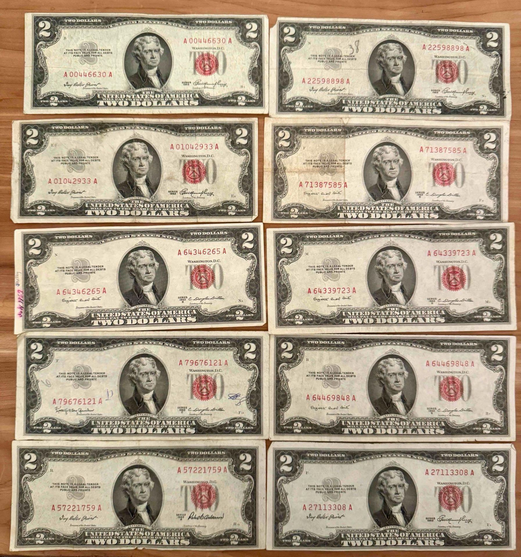 10-$2 Red Seal Notes 1953, Series A,B,C