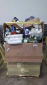 Big box store in a box: Folgers, Always wings, cups, downy, soap, wipes, yuban Coffee, pampers, ketc