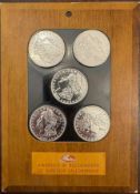 RARE Gates Tire Co. Salesman board 5-Silver Morgan dollars ( appear UNC)