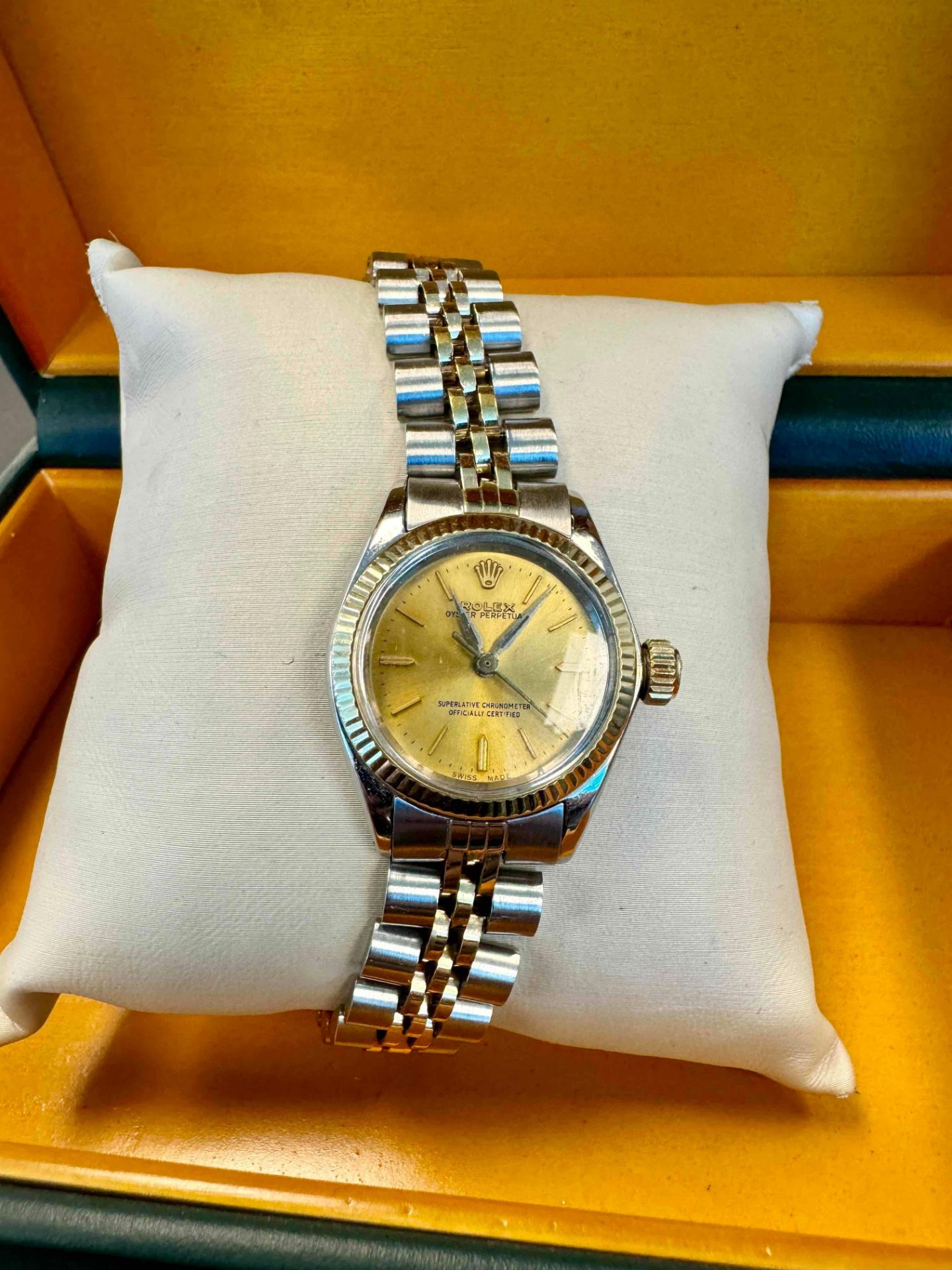 Ladies Two Tone Rolex Datejust 14K and Stainless Steel w/14K Gold Bezel and Gold Face Model 6916