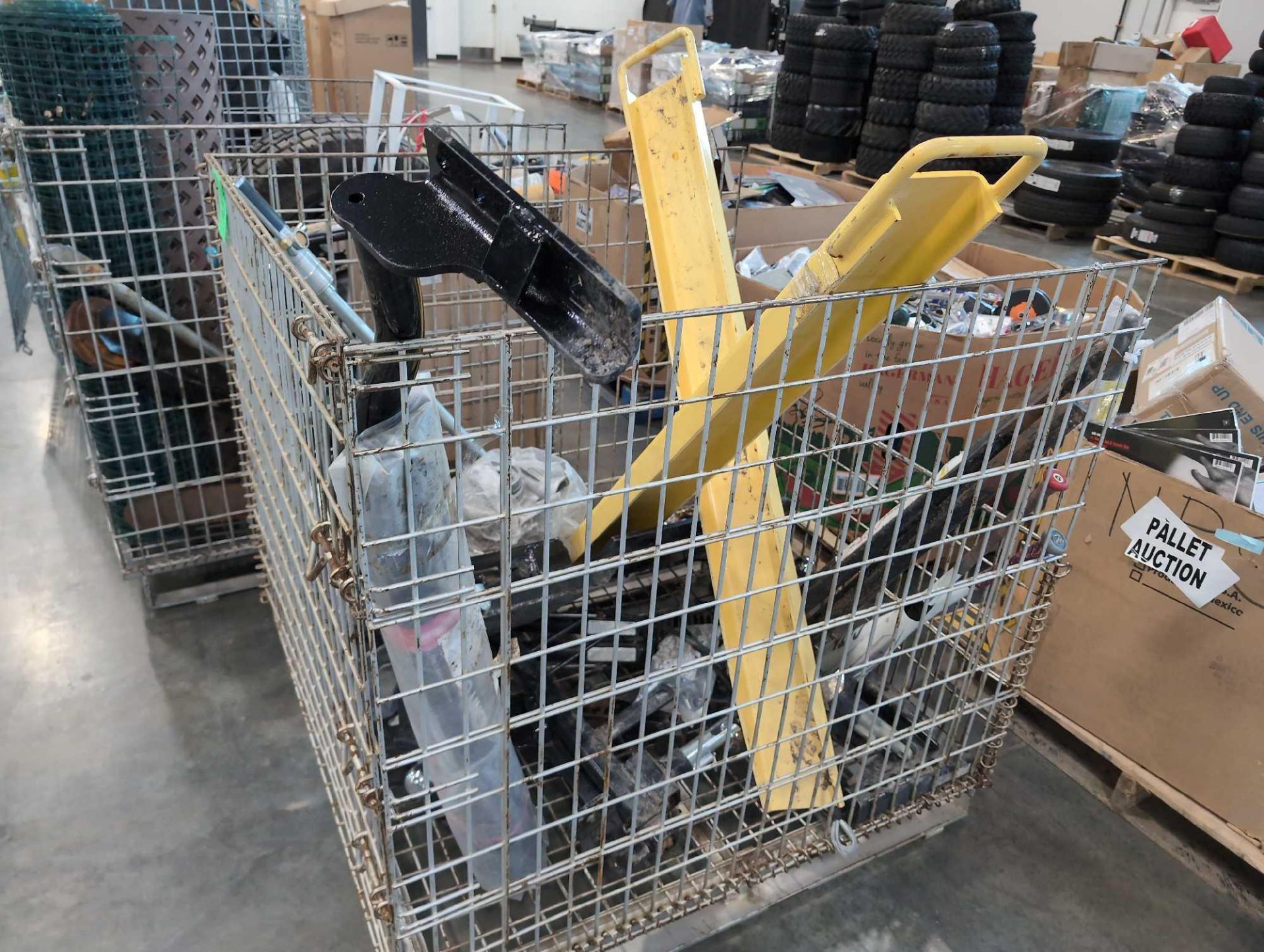 Two Bins of Misc Industrial, fork extenders, bats, Fencing, parts, tire and more - Image 8 of 12