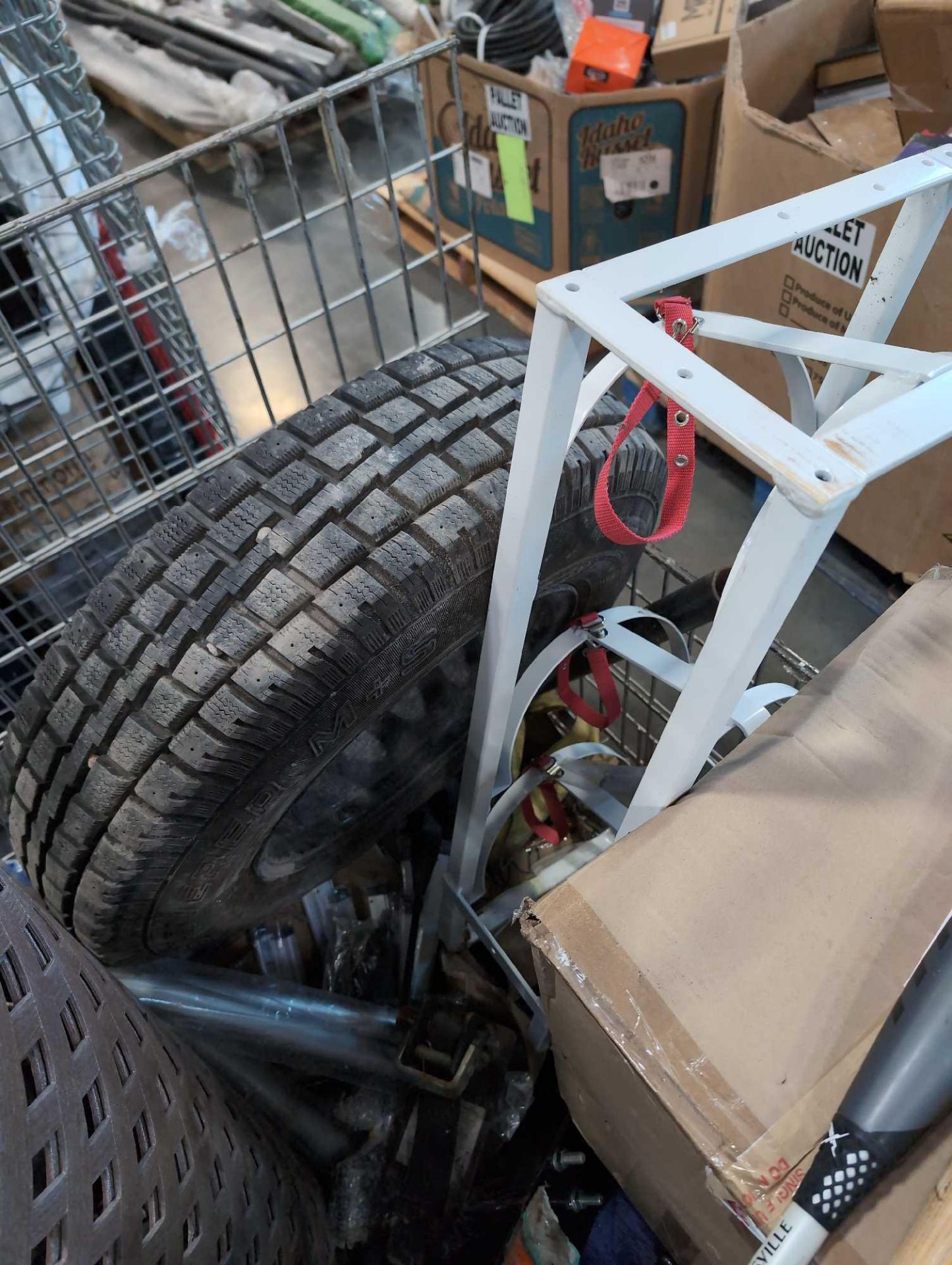 Two Bins of Misc Industrial, fork extenders, bats, Fencing, parts, tire and more - Image 5 of 12