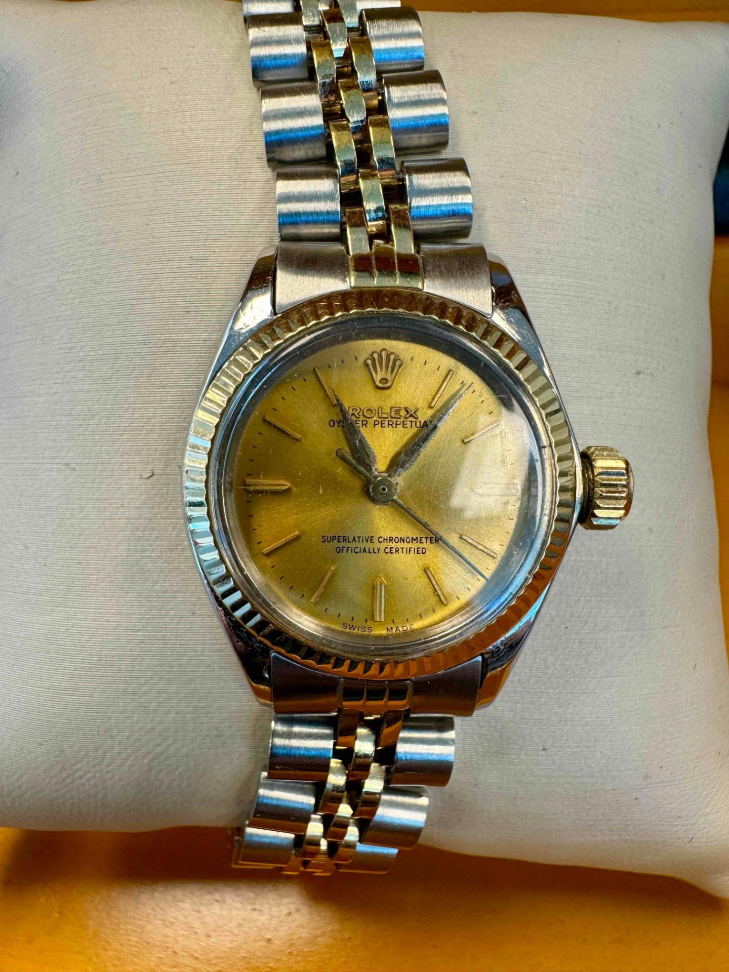 Ladies Two Tone Rolex Datejust 14K and Stainless Steel w/14K Gold Bezel and Gold Face Model 6916 - Image 2 of 6