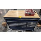 husky rolling cart with contents: hand tools, power tools, DeWalt drill bits, HDMI cables, audio acc