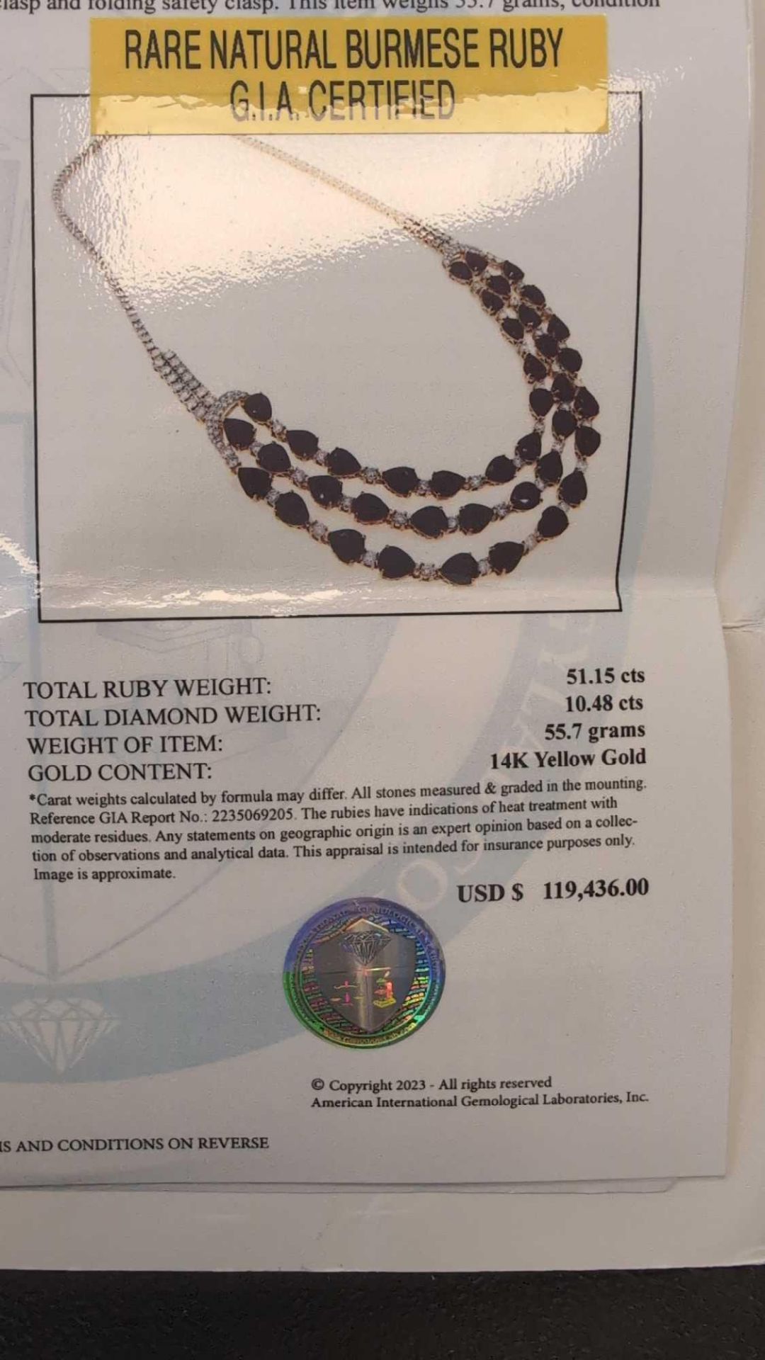 Jewelry: Burmese Ruby & diamond Necklace 14KT 51.45 cts Ruby/ 10.48 cts Diamond - Image 3 of 9
