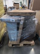 Garbage can, Twin bed piece, rain barrel, two large rolled mattresses