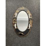 Vintage Oval Mother of Pearl Black Lacquer Mirror.