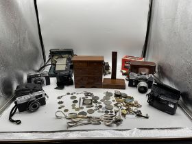 Collection of Vintage Cameras, Old Coins, Dress Je