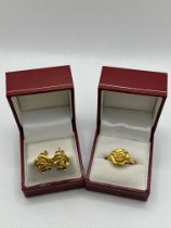 24ct Yellow Gold Rose Earrings and Ring.
