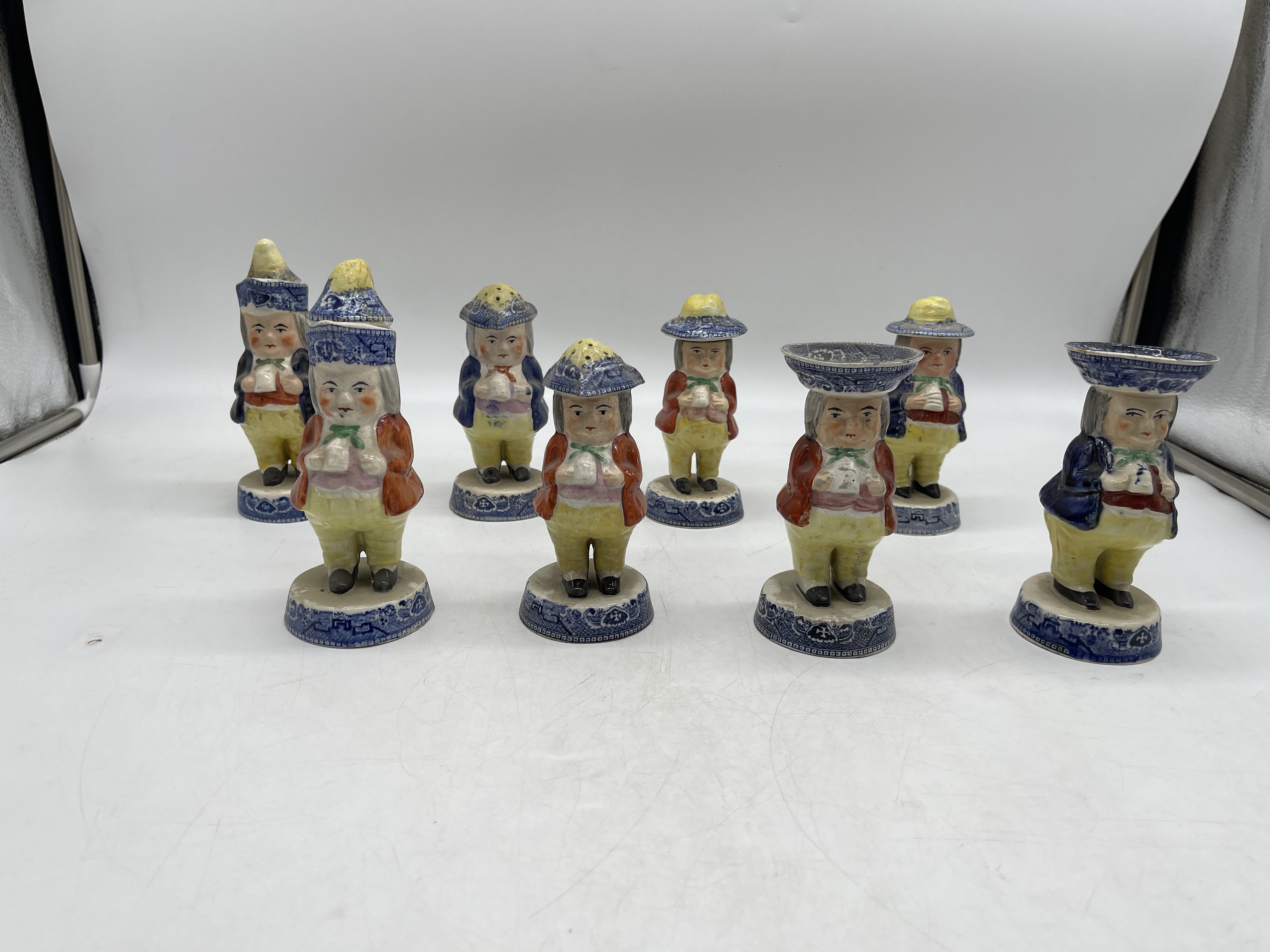 Toby men miniature ceramic figurines 8 , (one damaged)