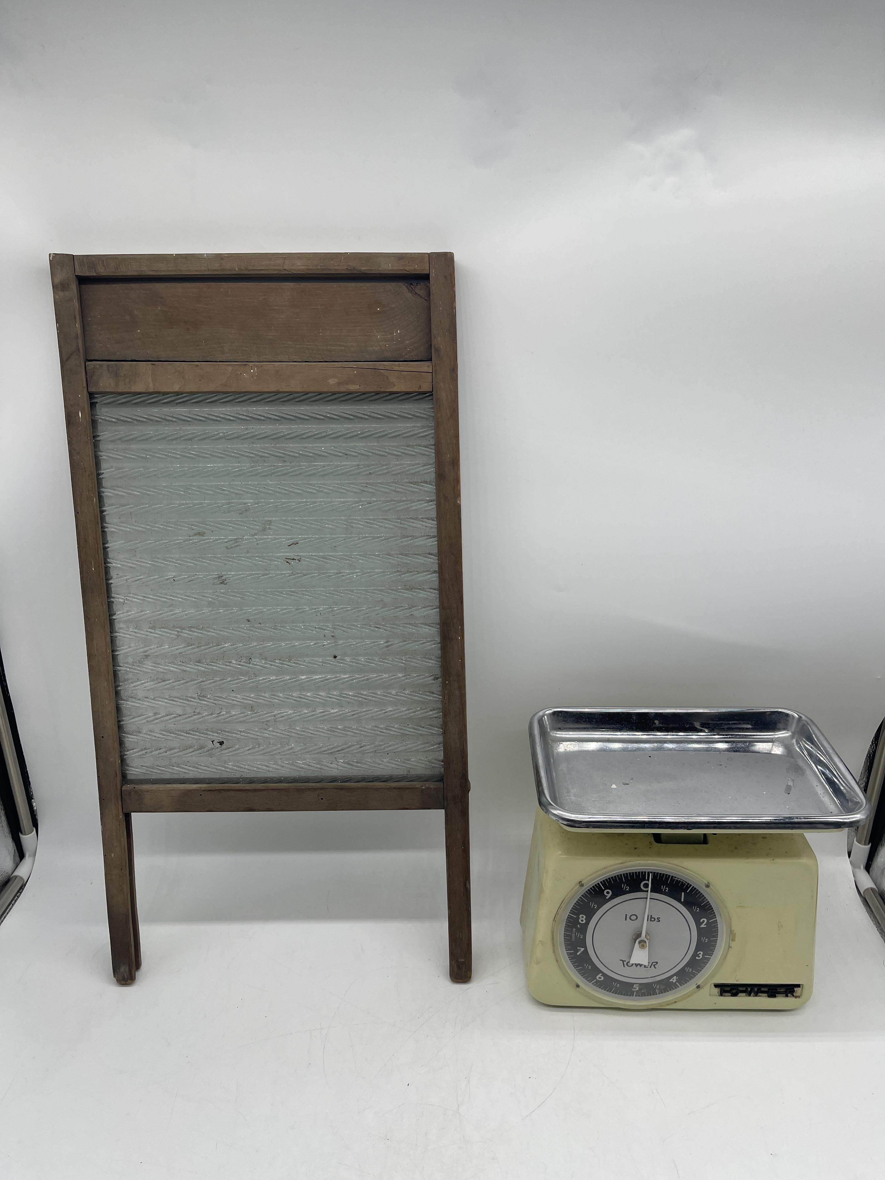 Vintage Washboard along with Vintage Tower Scales.