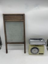 Vintage Washboard along with Vintage Tower Scales.