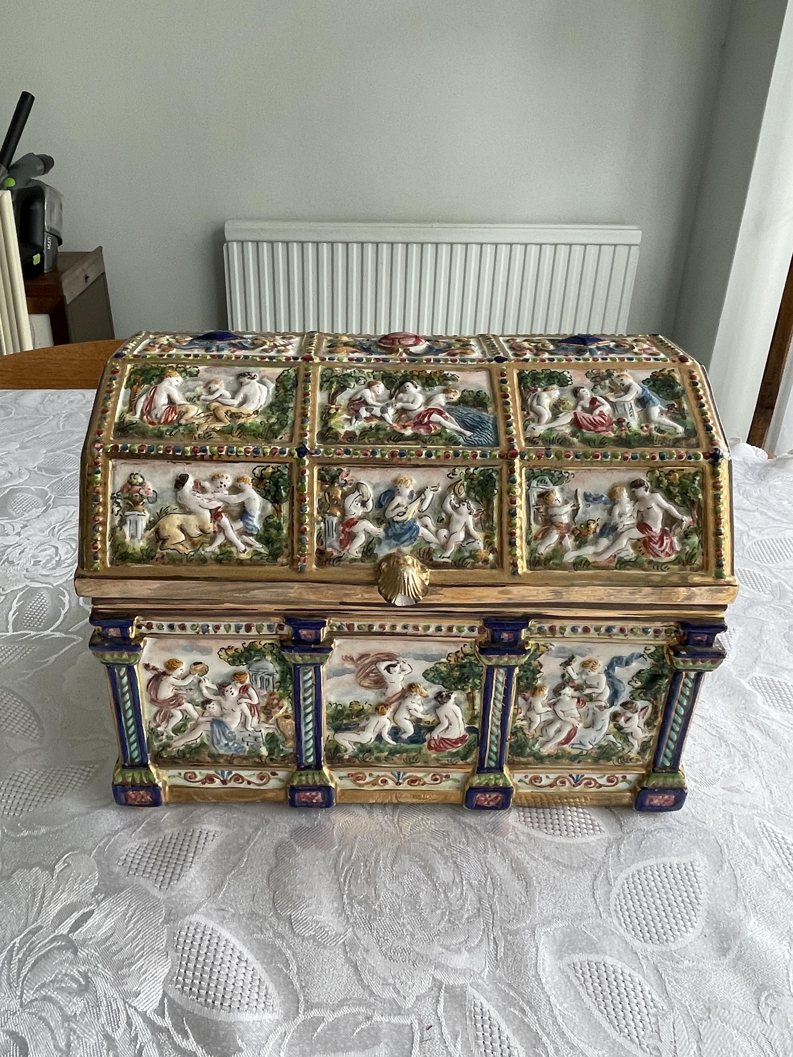 Large Italian Capodimonte Casket Box. Damaged. (T