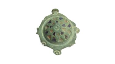 Roman Unbonate Brooch. Circa 2nd century CE. Copper-alloy, 6.82g. 30mm. Decorated with triangular