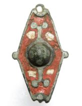 Romano-British Shield Brooch. Circa 80-150 CE. Copper-alloy, 35mm. Formed of a hexagonal plate