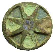 Roman champleve enamel roundel. Circa 2nd-3rd century CE. Copper-alloy, 25mm diameter, 7.3g.