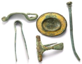 Celtic and Roman artefact group comprising a la Tene type I brooch 4th - 3rd century BC, a bow and