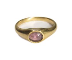 16th/17th Century Gold Finger Ring. 3.26g. 24mm, 18mm internal. Formed of a plain D-shaped band with