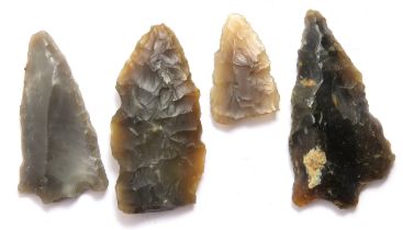 Flint arrowhead group. UK found Neolithic - Early Bronze Age leaf-shaped and barbed-and-tanged