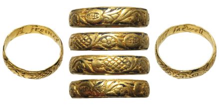 Gold Posy or mourning ring inscribed 'A frend's farewell'. 17mm x 3mm, 1.92g. Ring size: UK I, US
