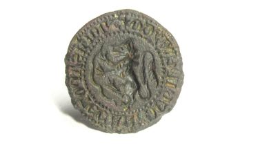 Medieval Seal Matrix. Copper-alloy, 8.45g. 26 mm. Circa 14th century CE. A circular bronze matrix