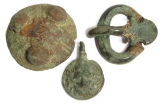 Anglo-Saxon and Medieval Artefact Group (4). D-buckle with large pin, 11th-12th century bronze boss,