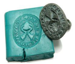 Medieval Seal Matrix. Circa 14th century CE. Copper-alloy, 21mm, seal face 21mm x 17mm, 7.4g. Formed