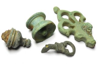 Roman lock and key group. Circa 1st-3rd century CE. A Roman bronze key, trifoliate key handle and