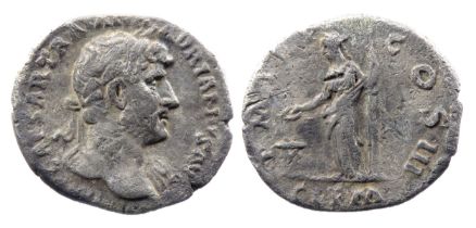 Hadrian Denarius. 124 AD. IMP CAESAR TRAIAN HADRIANVS AVG, laureate head right. R. P M TR P COS III,