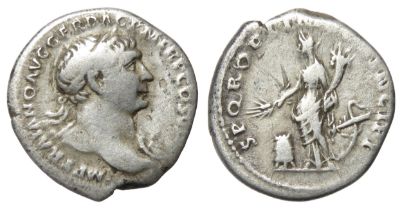 Trajan Denarius. 3.07g. Laureate bust right, drapery on far shoulder?. IMP TRAIANO AVG GER DAC PM TR