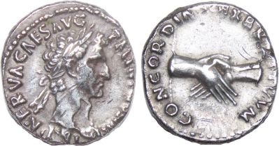 Nerva denarius. 96-98 AD. Rome, AD 97. 17mm. 3.25g. Laureate head. R. Clasped r. hands. Ref: RIC II