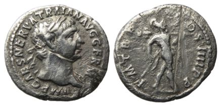 Trajan Denarius. 3.05g. Laureate bust right, drapery on far shoulder, IMP CAES NERVA TRAIAN AVG
