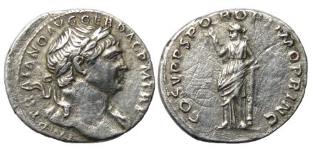Trajan Denarius. 3.31g. Laureate bust right, drapery on far shoulder, IMP TRAJANO AVG GER DAC P M TR