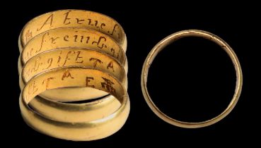 Gold Posy Ring. Circa 18th century CE. UK ring size K. US size 5. A D-shaped band inscribed, "A true