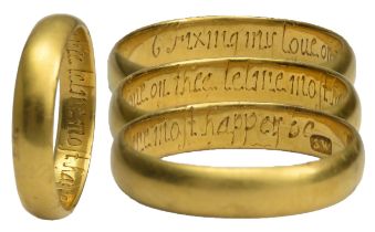 Gold Posy Ring. Circa 18th century AD. A plain D-shaped band engraved on the inside with the