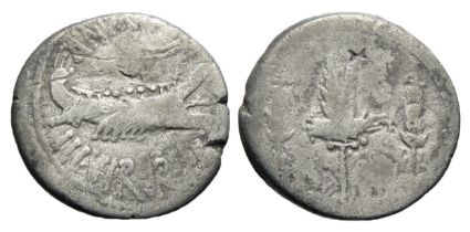 Mark Anthony Denarius. Circa 1st century BC. Silver, 3.18g. 18mm. Galley right, ANT AVG III VIR R