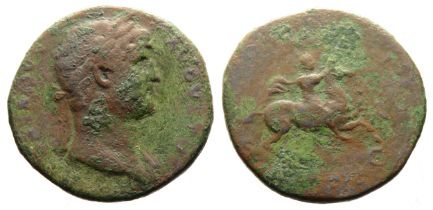 Hadrian Sestertius. 14.22g. 33mm.Â HADRIANVS AVGVSTVS, bare-headed, draped & cuirassed bust right.