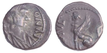 Catuvellauni and Trinovantes: Cunobelinus Sphinx silver unit. 1.26g. 11mm. Winged bust right, CVNO