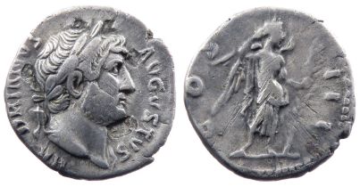Hadrian Denarius. 125-128 AD. 3g. 18mm. HADRIANVS AVGVSTVS, laureate head right, drapery on far