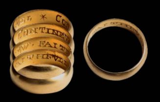 Gold Posy Ring. Circa 17th century CE. 5.76g. 19.53mm. UK ring size, M. US ring size 6. A wide D-