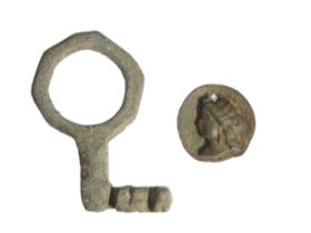 Roman Artefact Group. Circa 3rd century AD. Copper-alloy, 19.42g. 48mm. (largest). A bronze key with
