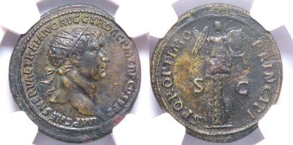 Trajan, 98-117 AD. AE dupondius, 29mm. NGC XF, Fine Style. Rome, AD 103-111. IMP CAES NERVAE TRAIANO