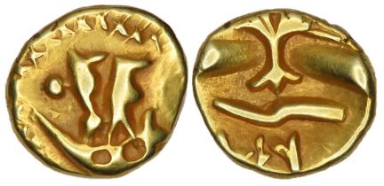 Morini Boat Tree Quarter Stater. Circa 1st century BC. Gold, 1.45g 10.23mm. Boat with two occupants.