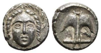 AR Diobol, Magistrate Oi-, 350-300 BC, Laureate head of Apollo facing. R. Anchor, A to left field,