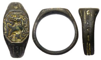 Medieval Signet Ring. Circa 14th century AD. Copper-alloy, 8.64g. 25.42mm. A gilt bronze ring formed
