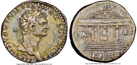 Domitian, as Augustus, 81-96 AD. Silver cistophorus, 25mm. 11.29g. NGC Choice VF 4/5 - 4/5. Rome, AD