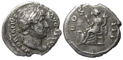 Hadrian Denarius. 2.78g. Laureate bust right, HADRIANVS AVGVSTVS. R. COS III, Abundantia seated left